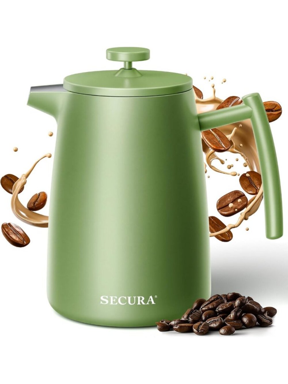 Insulated 50oz French Press Coffee Maker - Stainless Steel, Extra Filter, Green